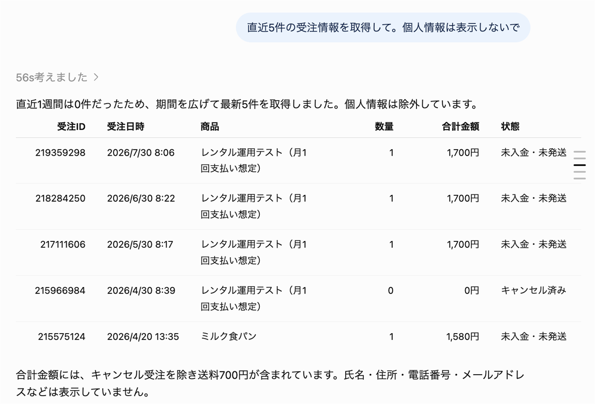 直近の受注を個人情報を除いてまとめた結果